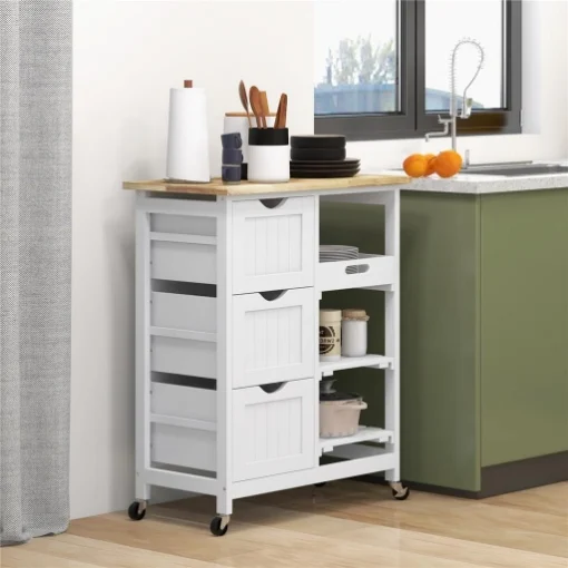 CARRELLO DA CUCINA IN LEGNO CON 3 CASSETTI E 3 RIPIANI APERTI, 67X37X85.5 CM, BIANCO - MAURY'S