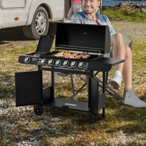 BARBECUE A GAS CON COPERCHIO, 7 BRUCIATORI DA 20KW, FORNELLO LATERALE E 2 RUOTE, 135X50X100CM NERO - MAURY'S