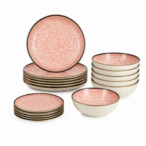 MA MAISON SERVIZIO PIATTI 18 PEZZI STILE ASTRATTO ROSA 6 FONDI - 6 PANI - 6 DA DESSERT PER LAVASTOVIGLIE E MICROONDE 6 PERSONE