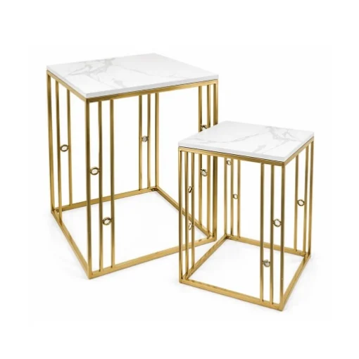 2 TAVOLINI QUADRATI IN METALLO E PIETRA SIMIL MARMO MISURE 42X42X58CM/36X36X50CM - ELLESSE