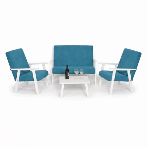 SET SALOTTO DA GIARDINO CON DIVANO, 2 POLTRONE + TAVOLINO IN LEGNO BIANCO E TESSUTO COLORE PETROLIO - MAURY'S