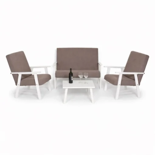 SET SALOTTO DA GIARDINO CON DIVANO, 2 POLTRONE + TAVOLINO IN LEGNO BIANCO E TESSUTO COLORE TORTORA - MAURY'S