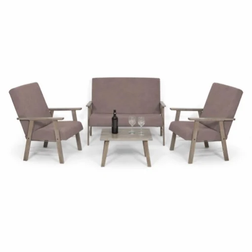 SET SALOTTO DA GIARDINO CON DIVANO, 2 POLTRONE + TAVOLINO IN LEGNO GRIGIO OLMO E TESSUTO COLORE TORTORA - MAURY'S