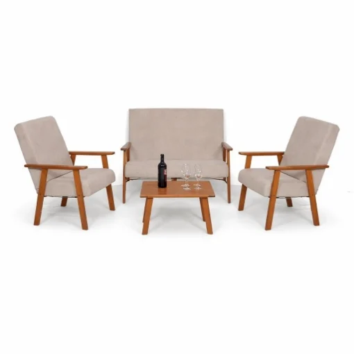 SET SALOTTO DA GIARDINO CON DIVANO, 2 POLTRONE + TAVOLINO IN LEGNO TABACCO E TESSUTO COLORE BEIGE - MAURY'S