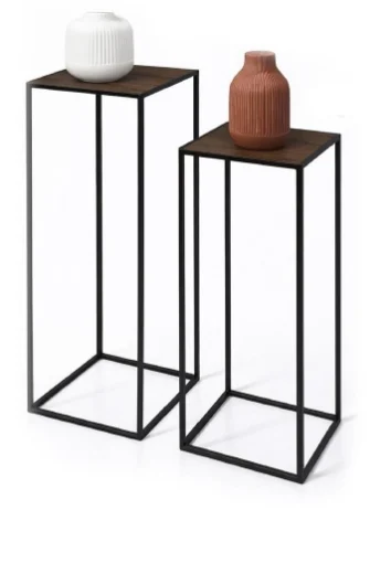 2 COLONNINE IN METALLO NERO MISURE 23X60CM E 27X70CM CON BASE IN MDF COLOR LEGNO - MAURY'S