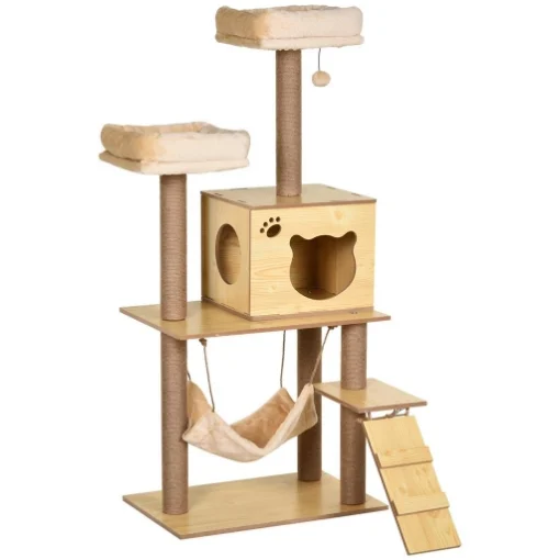 ALBERO TIRAGRAFFI PER GATTI CON CASETTA, 2 LETTINI, AMACA E PALLINA, IN LEGNO, POLIESTERE E SISAL, 60X40X130 CM - MAURY'S