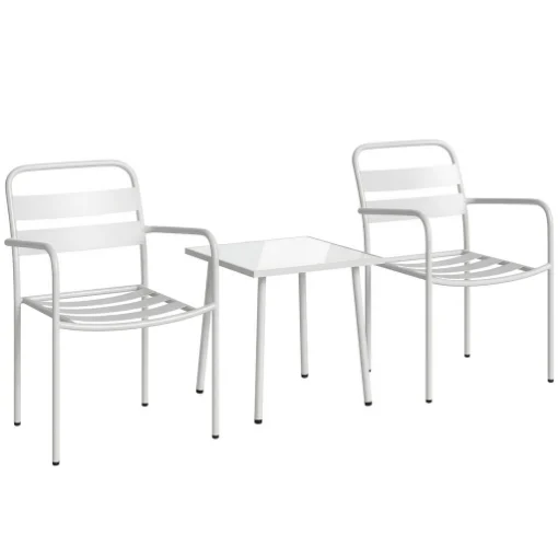 SET BISTR= 3 PEZZI: TAVOLINO IN VETRO E 2 SEDIE, ARREDO ESTERNO BIANCO. - MAURY'S