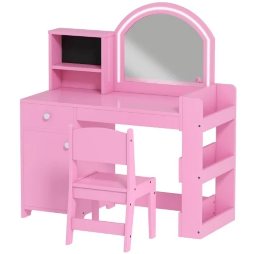 SET TOELETTA TRUCCO PER BAMBINI 2 IN 1 CON SPECCHIO, SEDIA, LUCE LED, ARMADIETTO, SCAFFALI E LIBRERIA, ROSA - MAURY'S