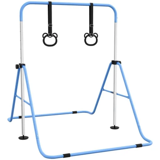 SBARRA GINNASTICA ARTISTICA PER BAMBINI AD ALTEZZA REGOLABILE CON 2 ANELLI, IN ACCIAIO, 148X105X88-128 CM, BLU