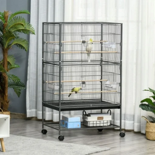GABBIA PER UCCELLI DA INTERNI IN LEGNO CON VASSOIO, 4 RUOTE E TRESPOLO, 78X52X132CM - MAURY'S