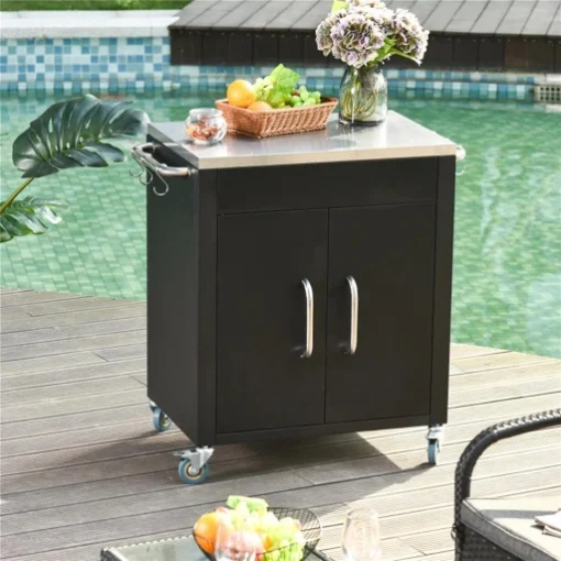 CARRELLO DA CUCINA IN ACCIAIO INOX CON ARMADIETTO CONTENITORE E 6 GANCI, 86X50X86.5 CM, NERO - MAURY'S