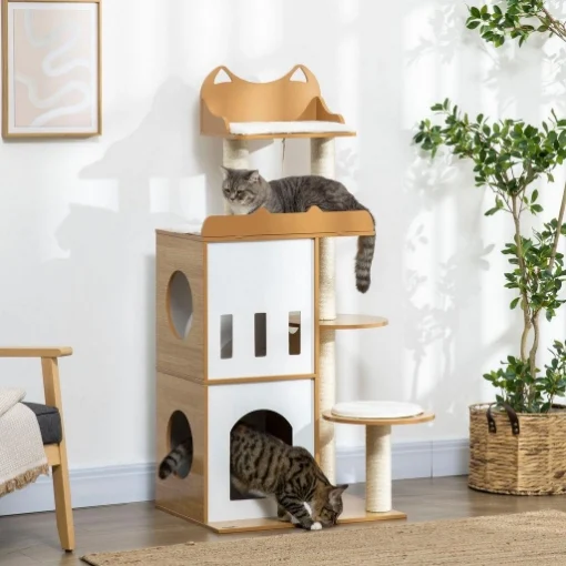 ALBERO PER GATTI IN MDF CON TIRAGRAFFI PER GATTI, 2 CASETTE PER GATTI, POSATOI E PALLINA DA GIOCO, 60X48X133 CM - MAURY'S