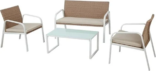 SALOTTO MADEIRA CON TAVOLINO, 2 POLTRONE E 1 DIVANO COLORE BIANCO RIVESTIMENTO IN POLYRATTAN - MAURY'S