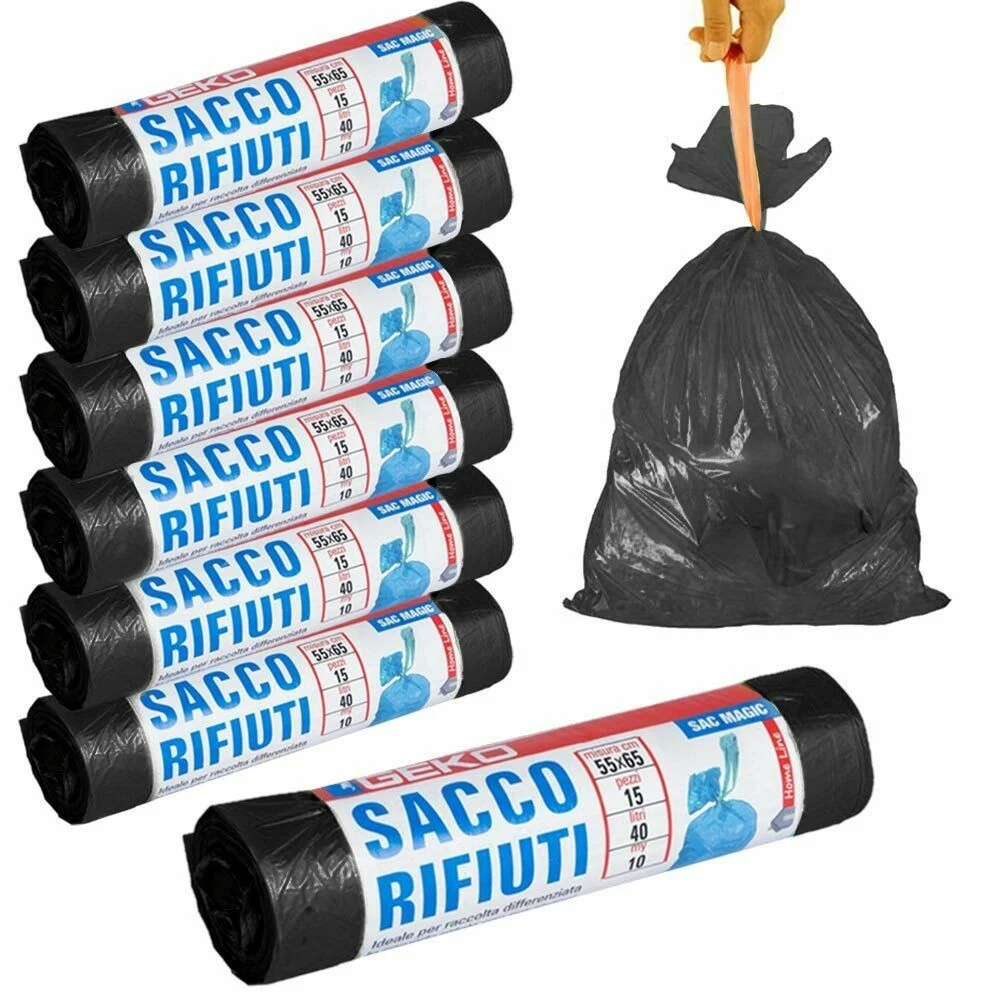 7 X ROTOLI SACCHETTI BUSTE SPAZZATURA 40LT 55X65CM CHIUSURA LACCETTO NERO 105PZ - TrAdE Shop Traesio