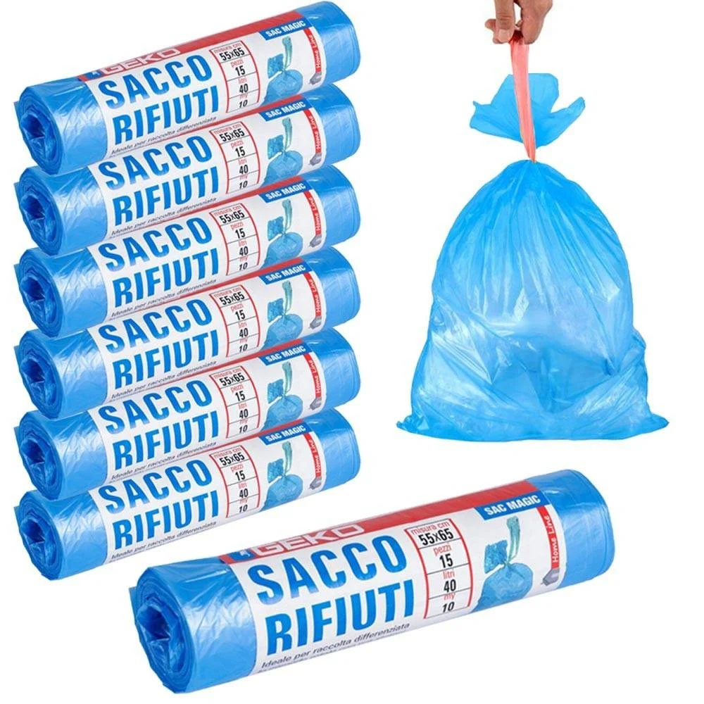 7X ROTOLI SACCHETTI BUSTE SPAZZATURA 40LT 55X65 CHIUSURA LACCETTO AZZURRO 105PZ - TrAdE Shop Traesio