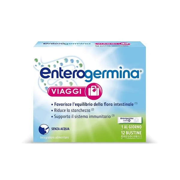ENTEROGERMINA Viaggi 12 Bustine Orosolubili Gusto Fragola Regolarità Intestinale, Probiotici, Vitamina A, B12, B6, B9 e Vitamina D