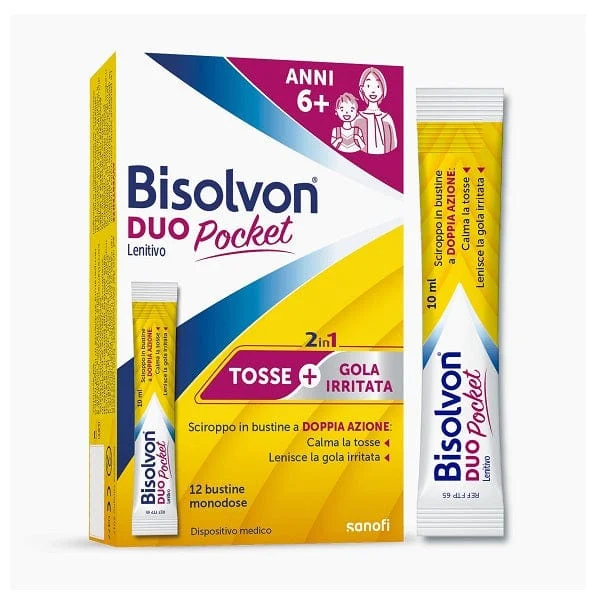 BISOLVON Bisolvon Duo Pocket Lenitivo Sciroppo Bustina Contro Tosse Gola Irritata Per Adulti e Bambini 12 Bustine Monodose