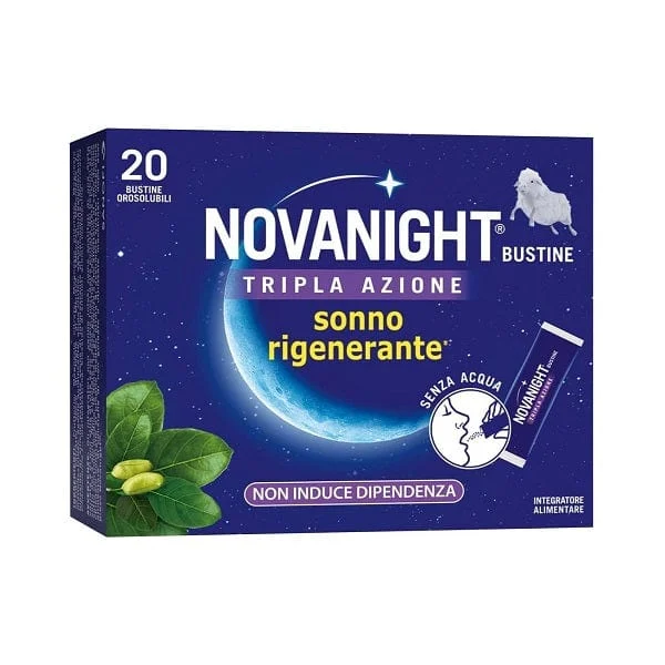 NOVANIGHT Bustine Tripla Azione 20 Bustine Orosolubili Tripla Azione con Melatonina per Dormire, Magnesio, Griffonia