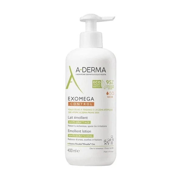 A-DERMA A-Derma Exomega Control Latte emolliente Anti-grattage 400ml, Lenisce la sensazione di prurito, Pelle secca a tendenza atopica