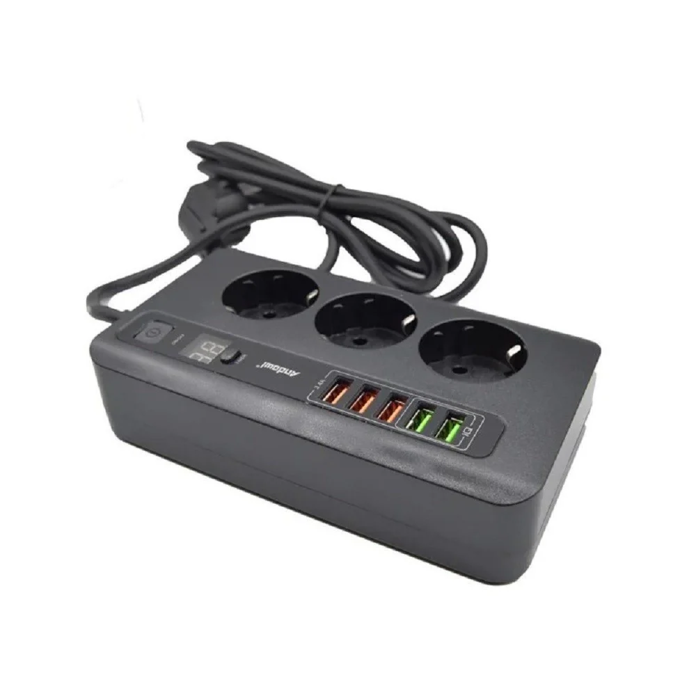 ADATTATORE SPINA CON 3 PRESE + 5 PORTE USB RICARICA 3.4A DISPLAY LED 2500W Q-A260
