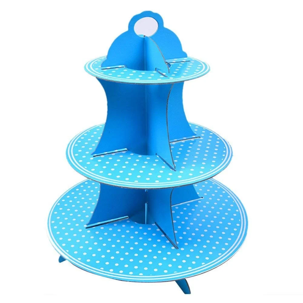 ALZATINA IN CARTONE PORTA TORTA DOLCI CUPCAKE 3 RIPIANI AZZURRO CON POIS BIANCHI - TrAdE Shop Traesio