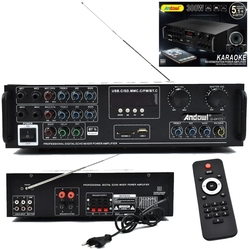 AMPLIFICATORE 300W 5.1 BLUETOOTH USB FM MP3 FUNZIONE KARAOKE TELECOMANDO Q-GF777