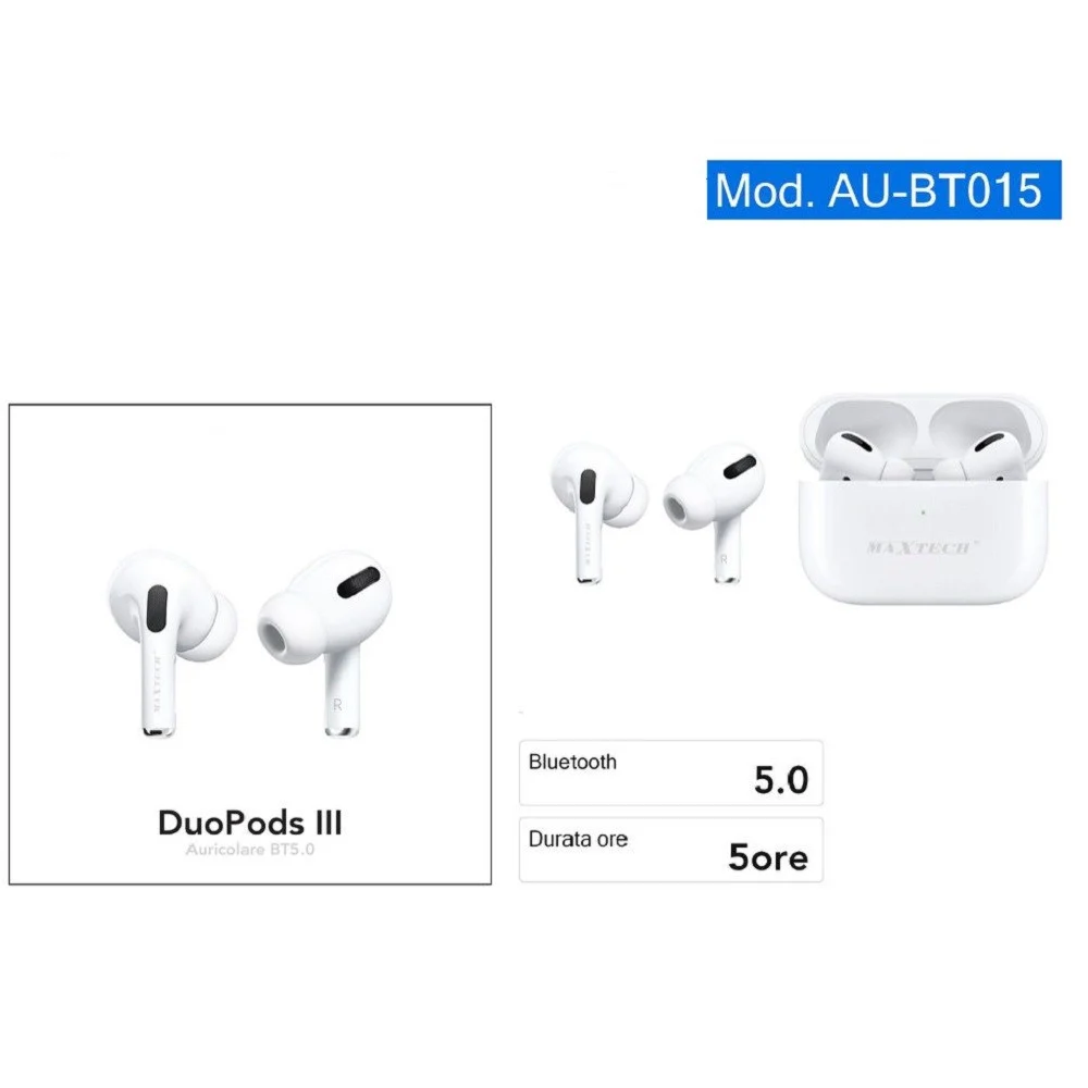 AURICOLARI BLUETOOTH CUFFIE DUO PODS III BT5.0 SENZA FILI SMARTPHONE AU-BT015