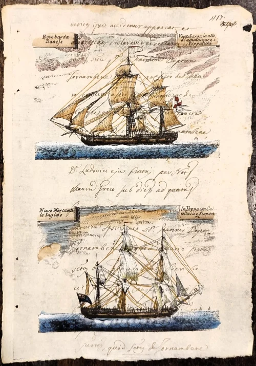 bastimenti su carta antica – bombarda danese e nave mercantile inglese - Arredamento marinaresco
