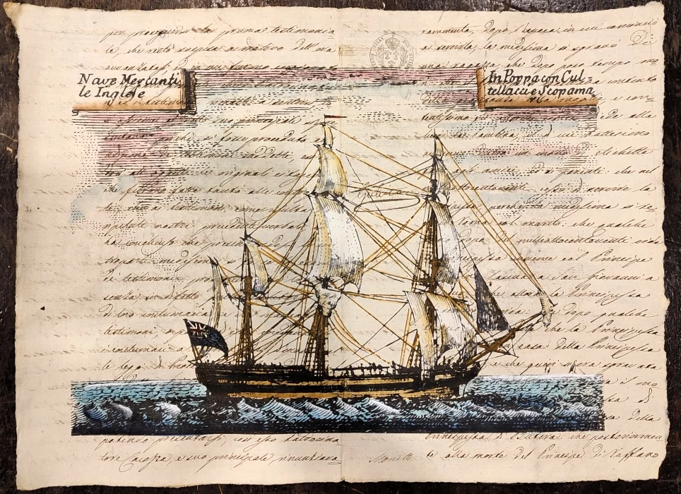 bastimento su carta antica – nave mercantile inglese – in poppa con cultellacci e scopamari - Arredamento marinaresco