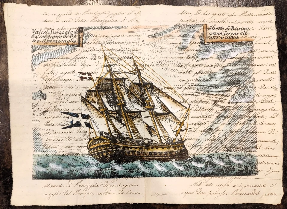 bastimento su carta antica – vascello svezzese di 64 col segno di retro-ammiraglio – stretto di bolina con un terzarolo alle gabbie