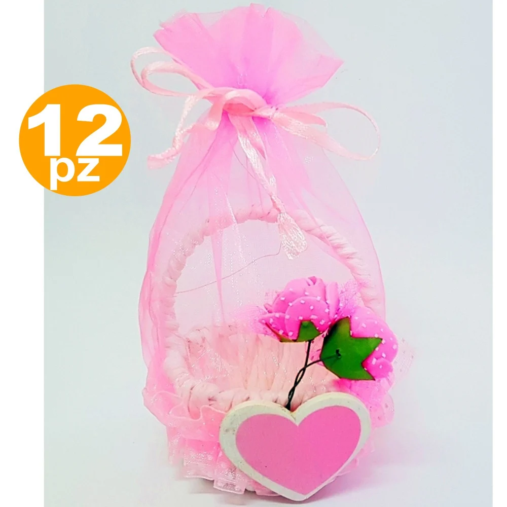 BOMBONIERA CESTINO ROSA CUORE SACCHETTO ORGANZA PORTACONFETTI NASCITA BATTESIMO - TrAdE Shop Traesio