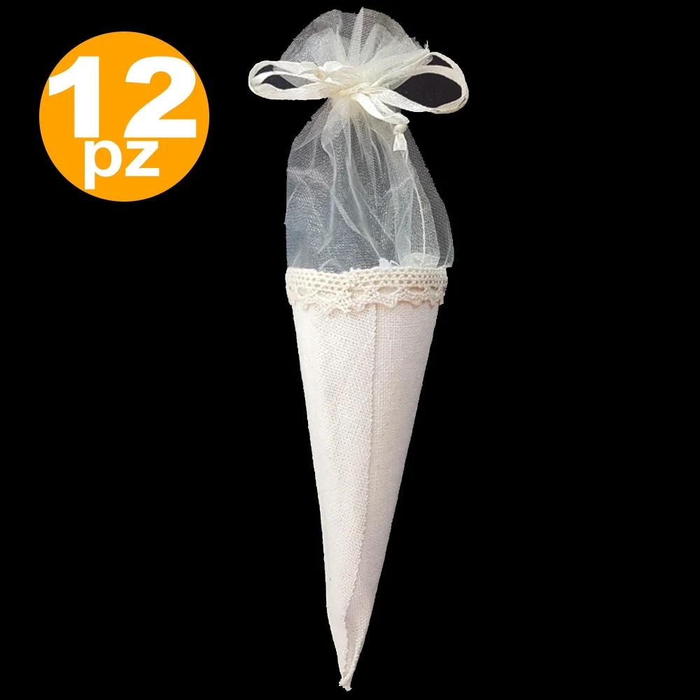 BOMBONIERA CONI BIANCO AVORIO TESSUTO SACCHETTO PORTA CONFETTI RISO MATRIMONIO - TrAdE Shop Traesio