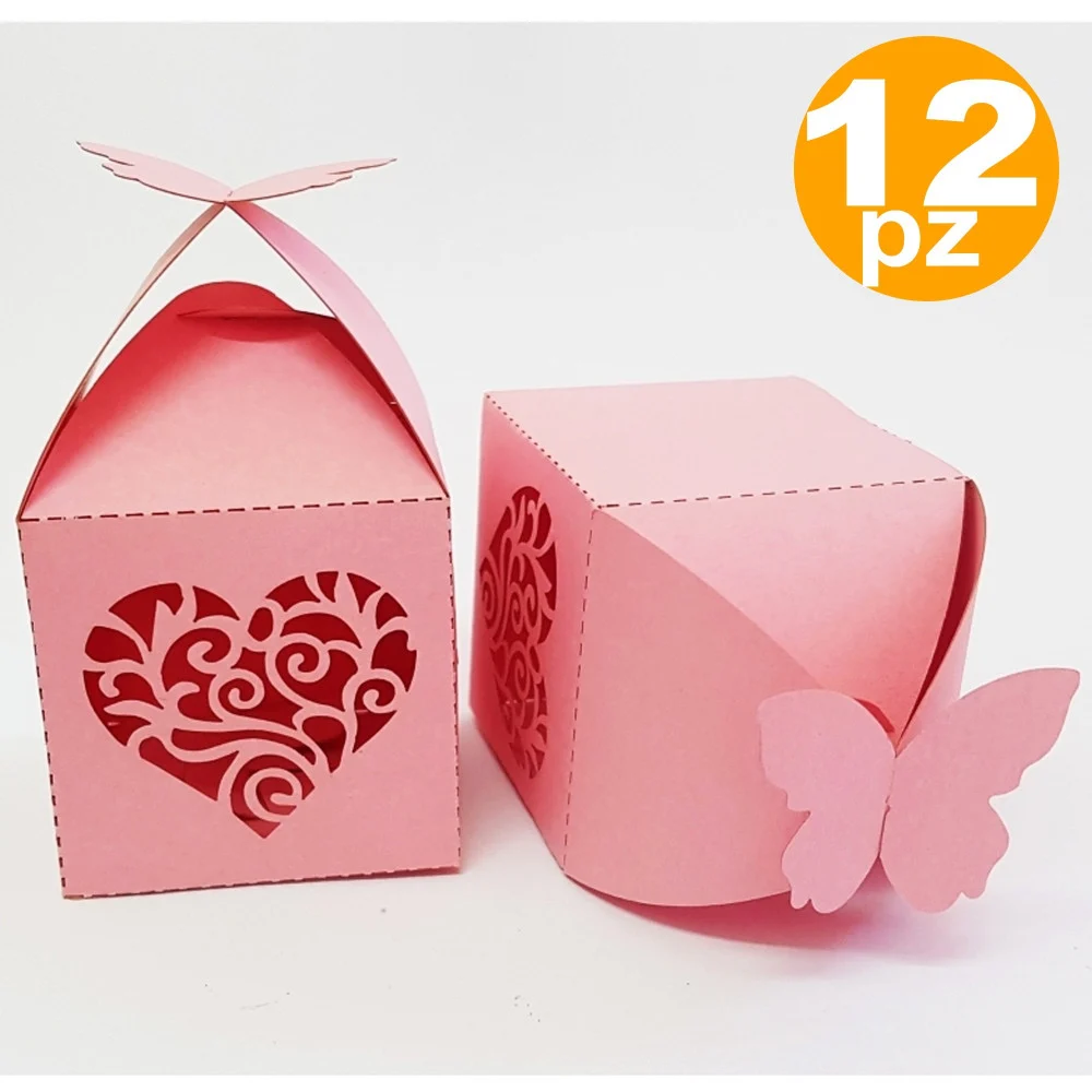 BOMBONIERA SCATOLA CUORE FARFALLA ROSA PORTACONFETTI MATRIMONI NASCITA BATTESIMO - TrAdE Shop Traesio