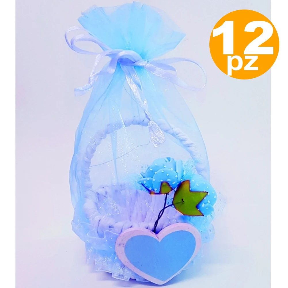 BOMBONIERE CESTINO AZZURRO CUORE SACCHETTO ORGANZA CONFETTI NASCITA BATTESIMO - TrAdE Shop Traesio