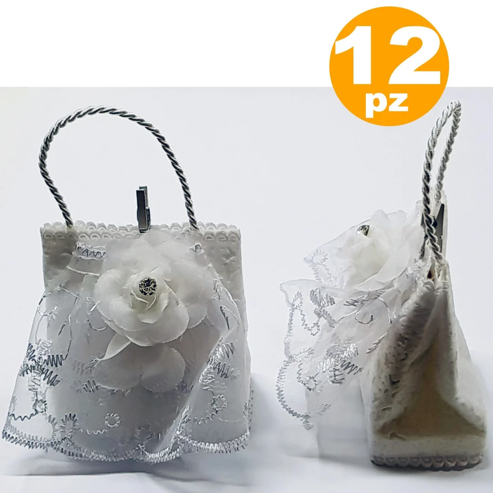 BOMBONIERE SACCHETTO BUSTINA BIANCO FIORE GLITTER PORTA CONFETTI X MATRIMONIO - TrAdE Shop Traesio
