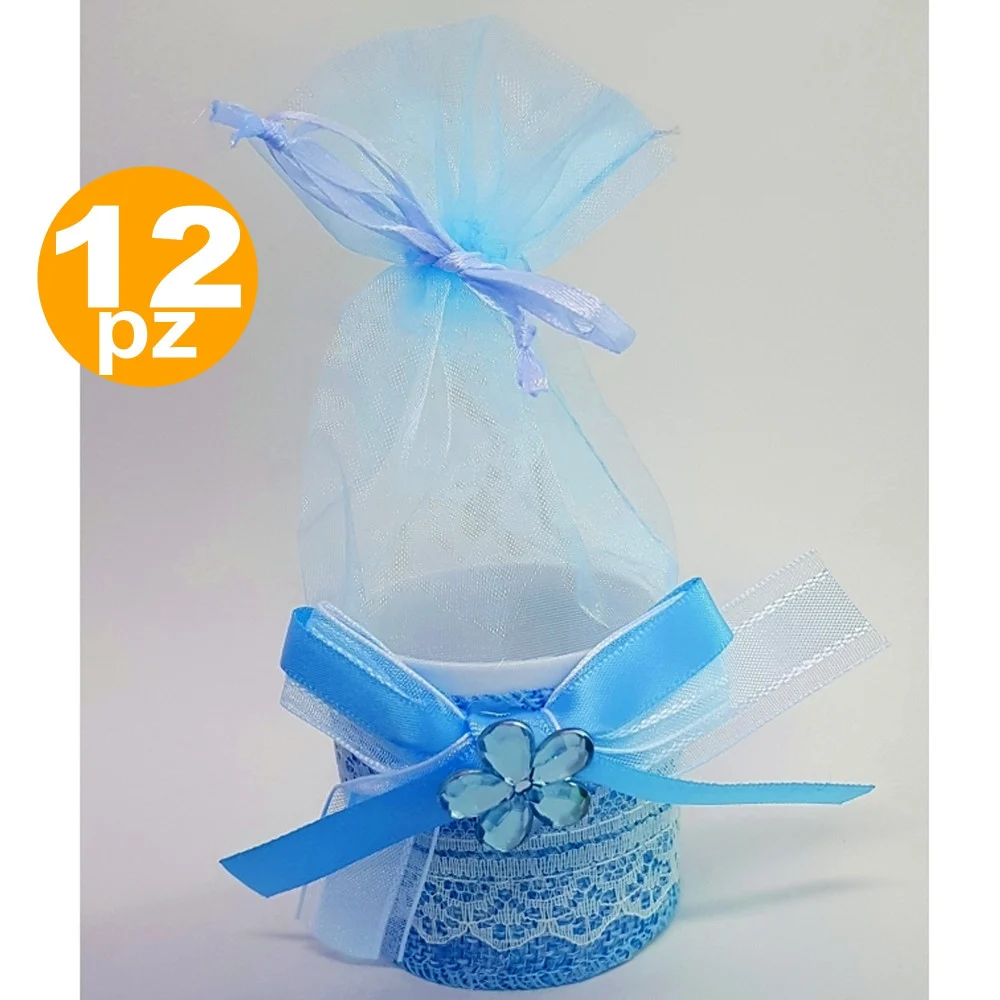 BOMBONIERE SCATOLA AZZURRA FIORE SACCHETTO ORGANZA PORTACONFETTI NASCITA BATTESIMO - TrAdE Shop Traesio
