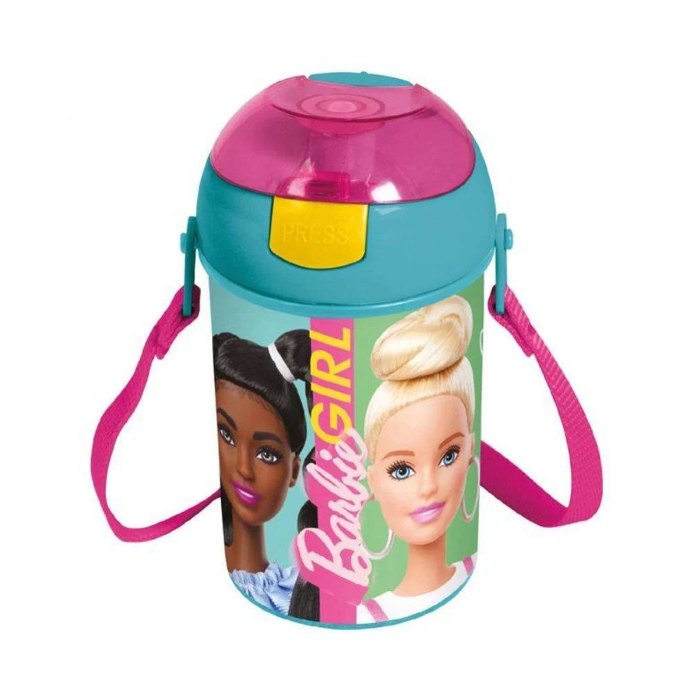 BORRACCIA BARBIE BAMBINE CON TRACOLLA CON TAPPO A PULSANTE IN PLASTICA 450ML - TrAdE Shop Traesio