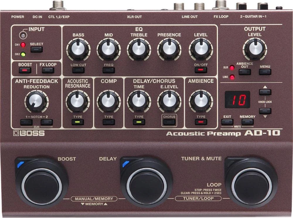 BOSS Preamp Amplificatore per Chitarra Acustica Professionale AD-10 Nero