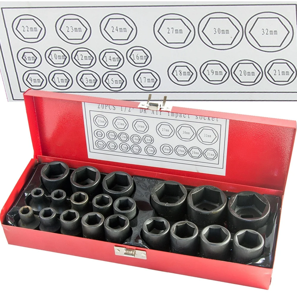 BUSSOLE BOCCOLE PER PISTOLA AVVITATORE PNEUMATICO SET KIT 20 PZ DA 1/2" 8-32MM