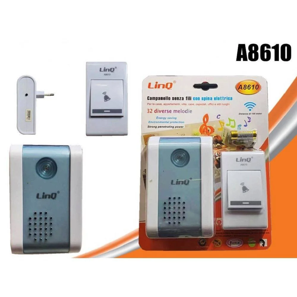CAMPANELLO WIRELESS SPINA ELETTRICA RETE 220V SENZA FILI 32 MELODIE PORTA A8610 - Linq