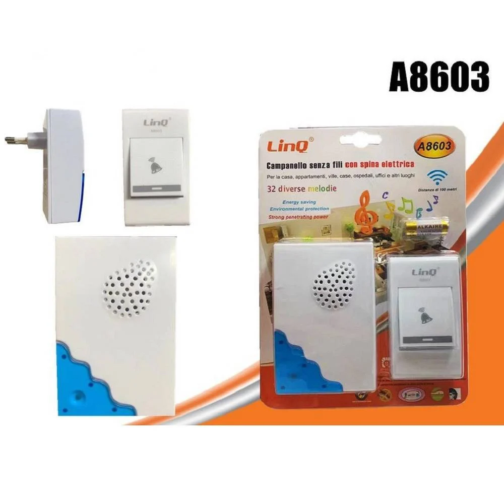 CAMPANELLO WIRELESS SPINA ELETTRICA SENZA FILI 32 MELODIE CASA A8603 DISTANZA 100MT - Linq