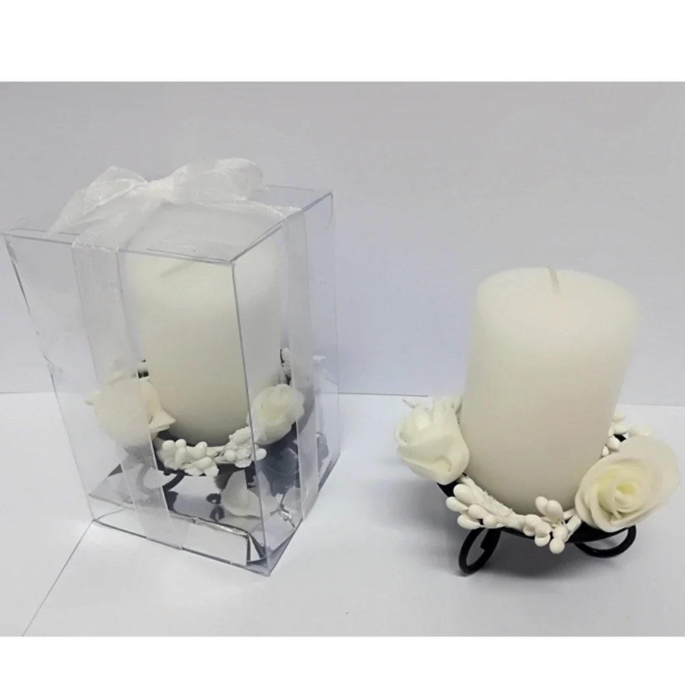 CANDELA CILINDRO SUPPORTO METALLO ROSE BIANCO CONFEZIONE BOMBONIERA MATRIMONIO - TrAdE Shop Traesio