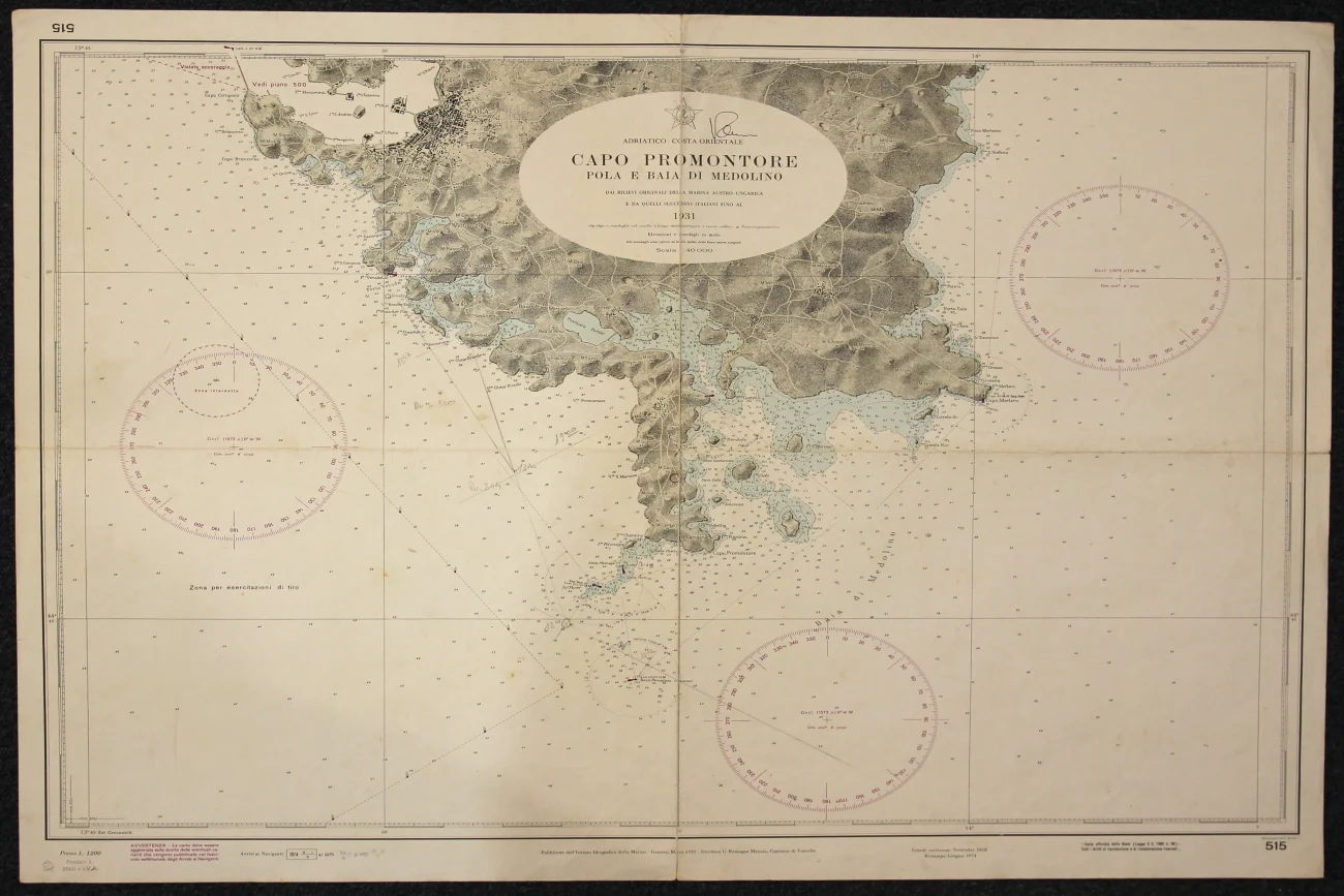capo promontore – pola e baia di medolino n. 515 (1974) - Carte nautiche, da pesca…
