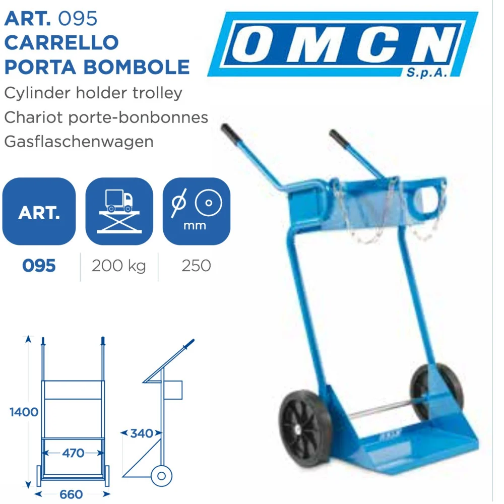 CARRELLO PORTA BOMBOLE OMCN 095 PORTATA 200 KG CON RUOTE DA 250 MM ALTEZZA 140CM