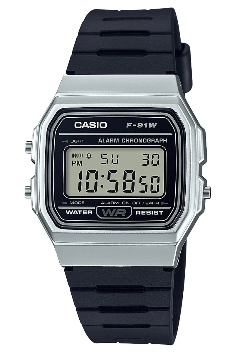 Casio Orologio Digitale F-91WM-7AJH Waterproof, Allarme, LED, Argento e Nero