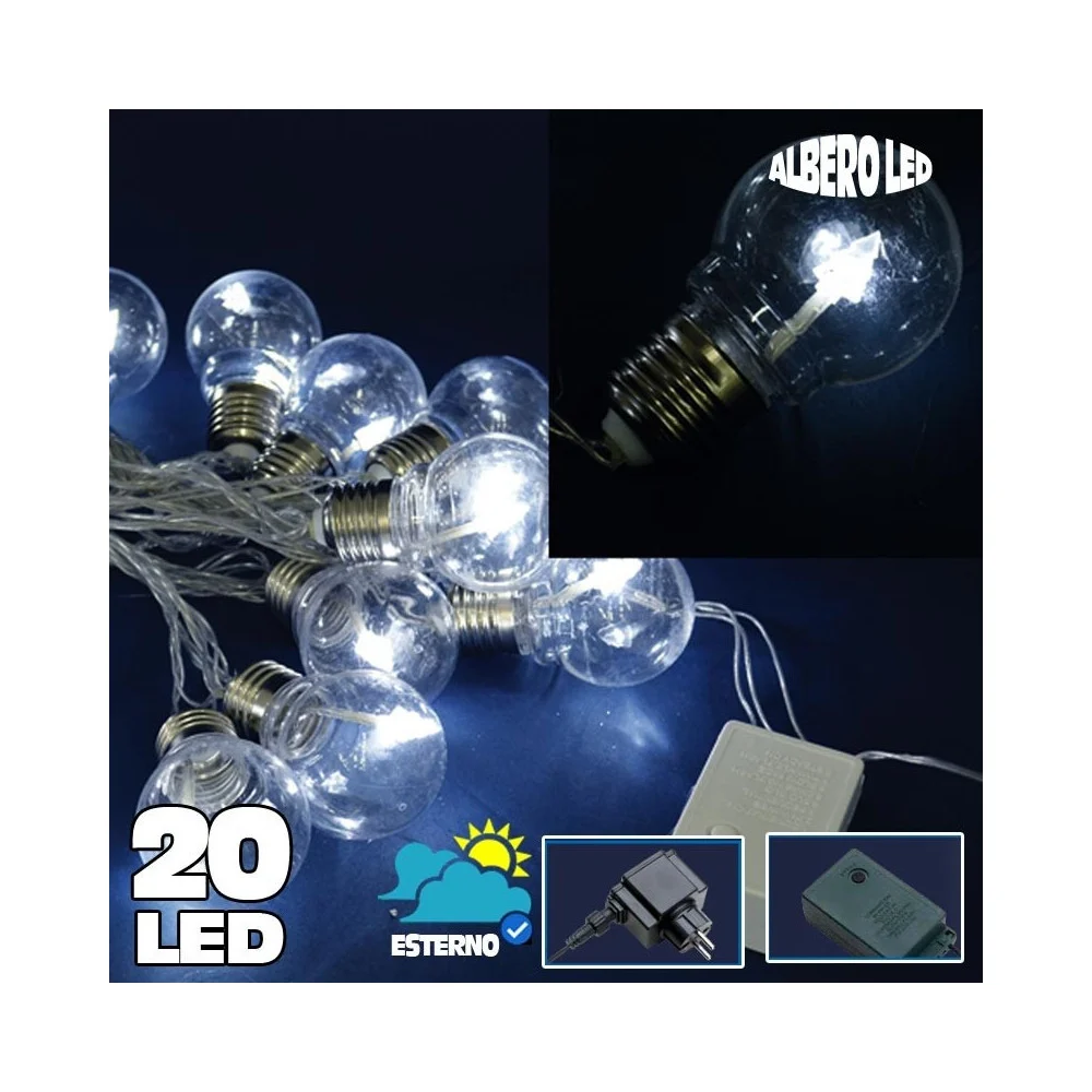 CATENA LUMINOSA 20 BULBI FORMA LAMPADINA TRASPARENTE A LED BIANCO FREDDO ALBERO - TrAdE Shop Traesio