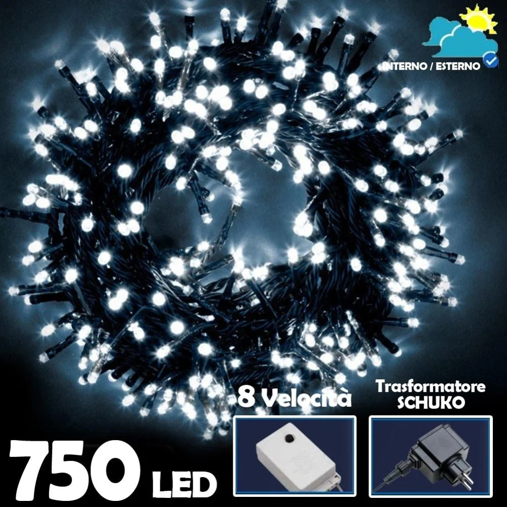 CATENA LUMINOSA 750 LUCI LED LUCCIOLE BIANCO FREDDO CONTROLLER 8FUNZIONI ESTERNO - TrAdE Shop Traesio
