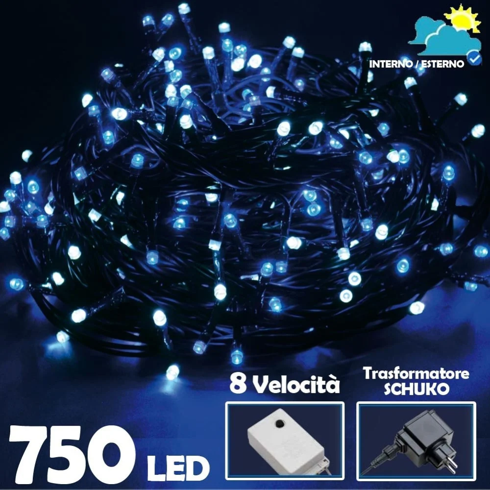 CATENA LUMINOSA 750 LUCI LED LUCCIOLE BIANCO FREDDO E BLU CONTROLLER 8 FUNZIONI - TrAdE Shop Traesio