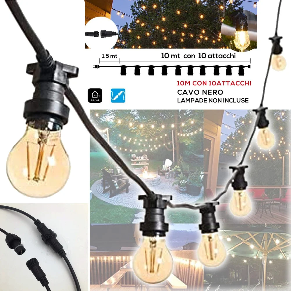 CATENA LUMINOSA LED CATENARIA CON 10 PORTALAMPADE E27 10MT PROLUNGABILE IP54 - TrAdE Shop Traesio