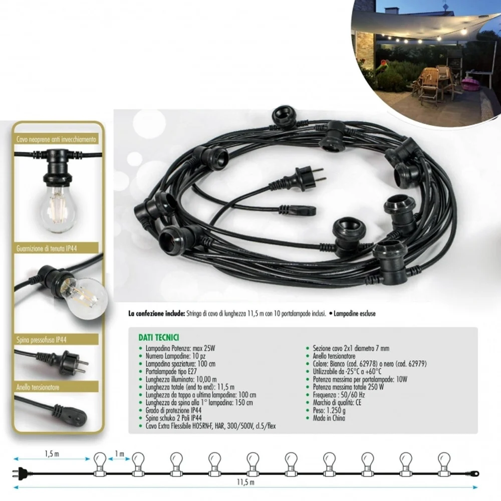 CAVO 10 METRI CON 10 PORTALAMPADA E27 SPINA SCHUKO PER ESTERNO CORDONIERA GAZEBO - TrAdE Shop Traesio